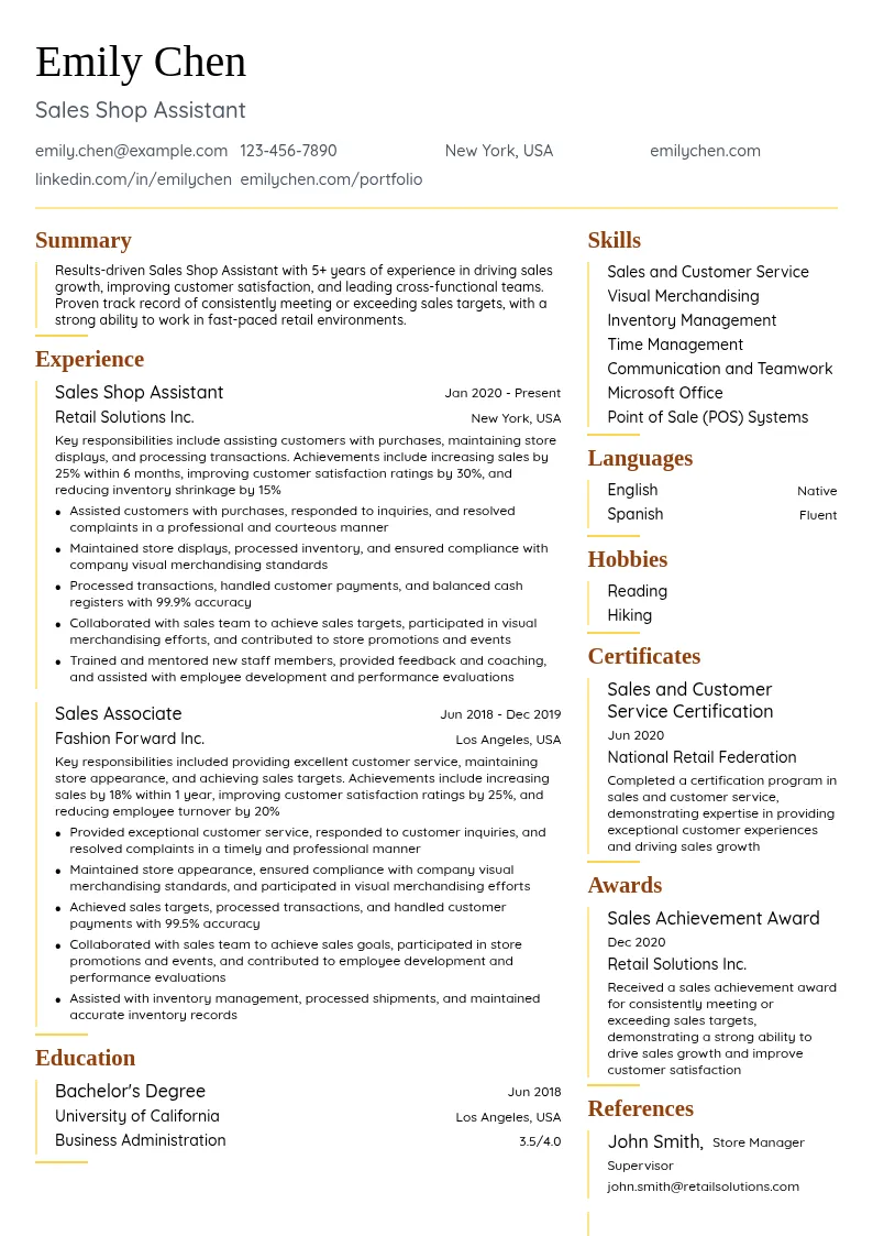 Sales Shop Assistant resume example