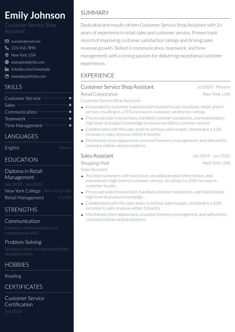 Customer Service Shop Assistant resume example