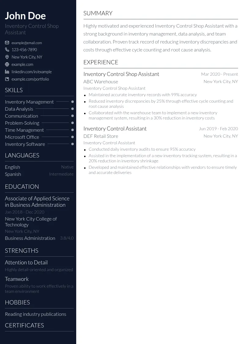 Inventory Control Shop Assistant resume example