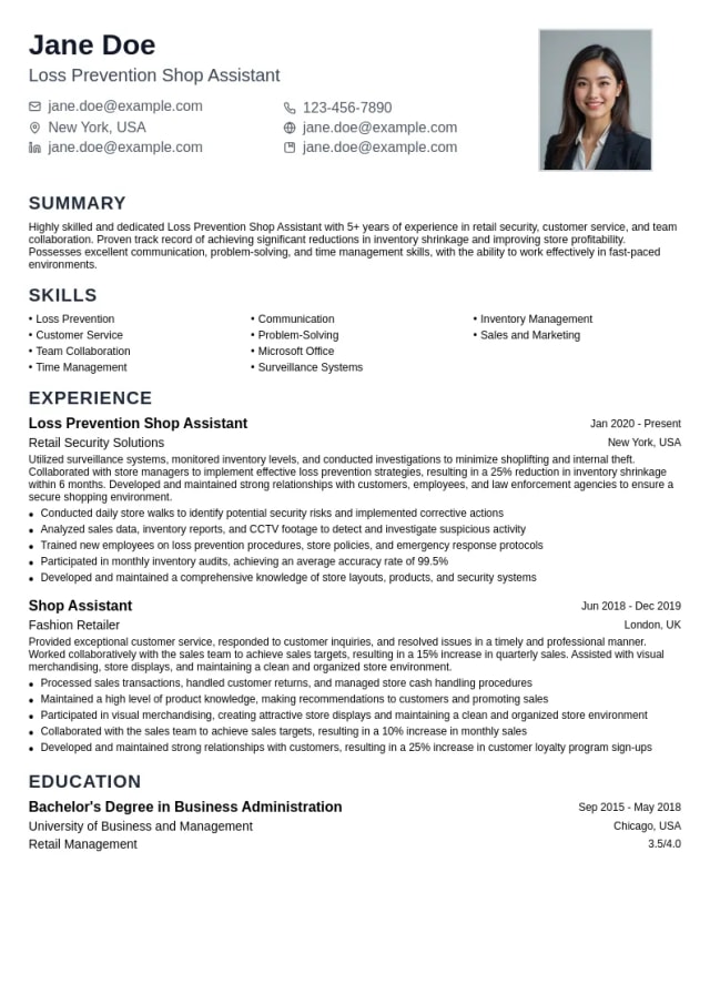 Loss Prevention Shop Assistant resume example