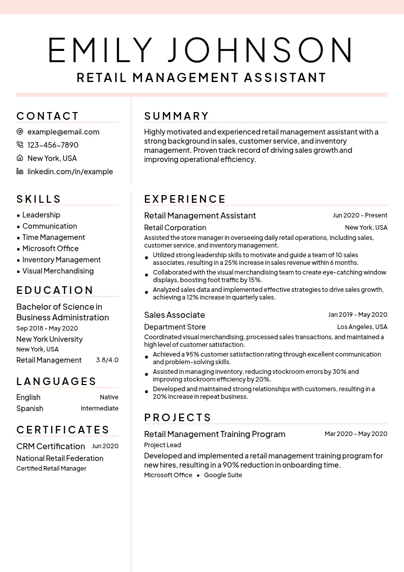Retail Management Assistant resume example