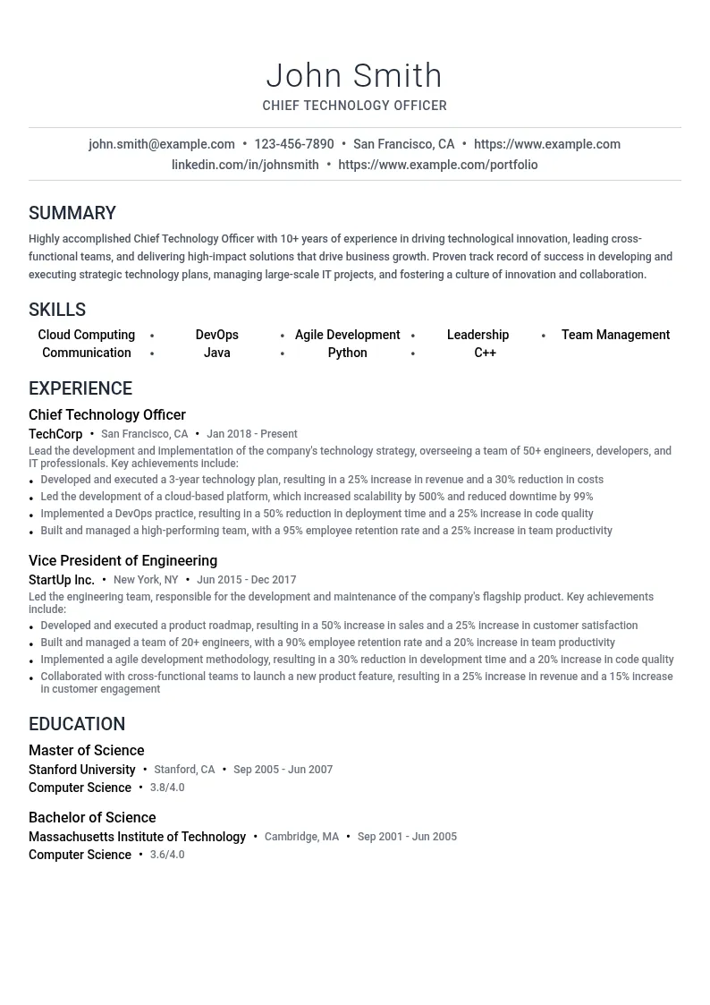 Chief Technology Officer resume example