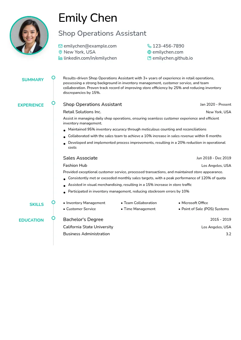 Shop Operations Assistant resume example