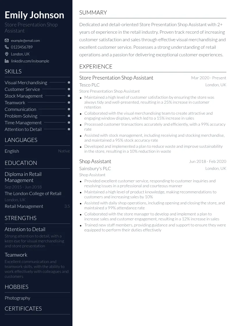 Store Presentation Shop Assistant resume example
