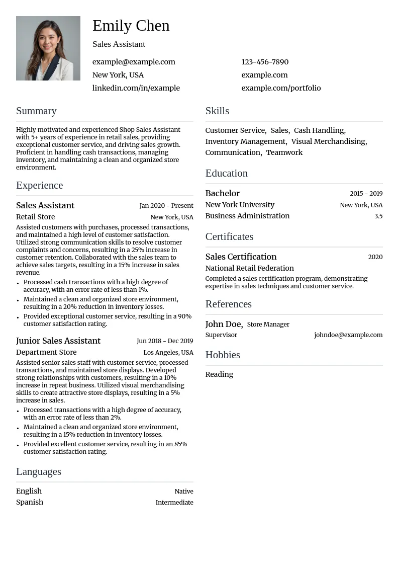 Shop Sales Assistant resume example