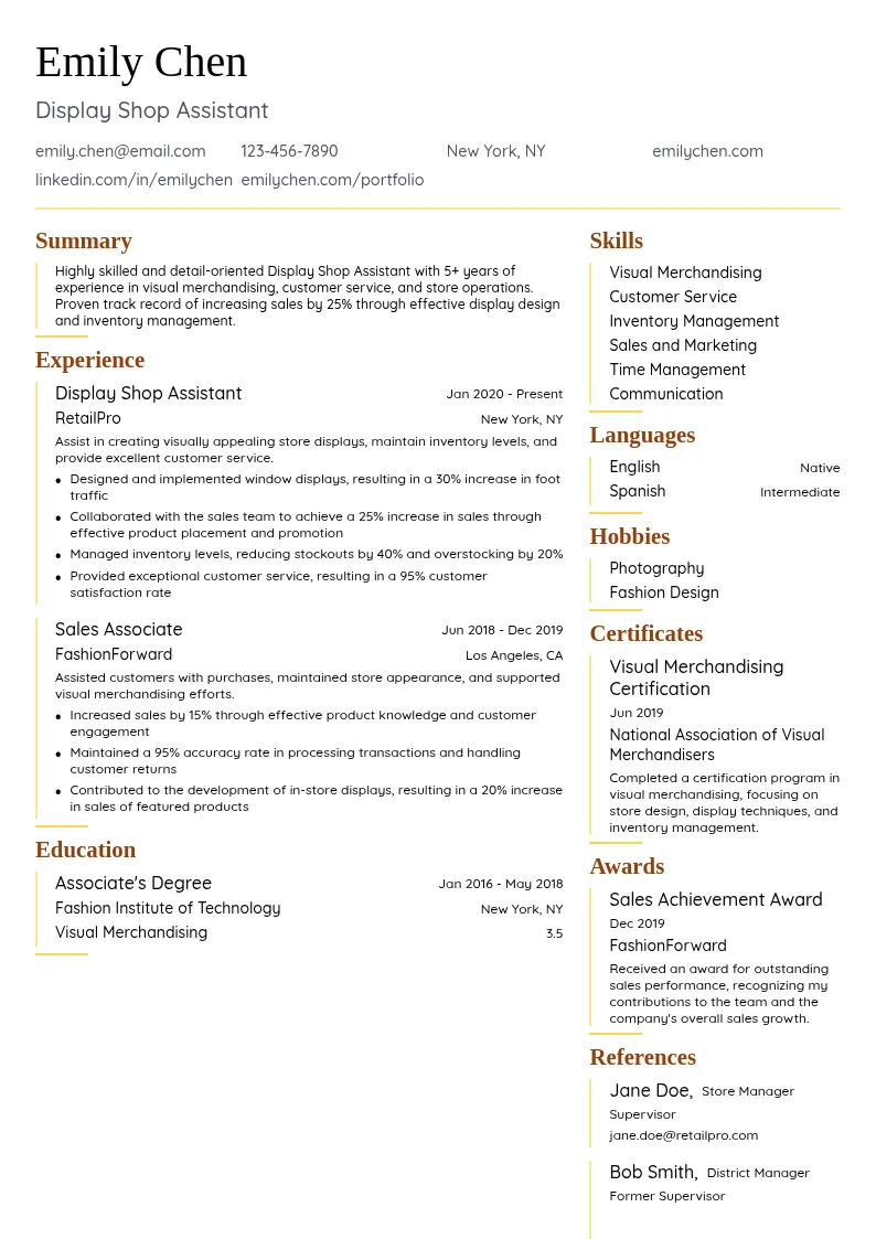 Display Shop Assistant resume example