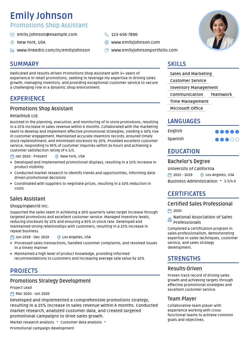 Promotions Shop Assistant resume example