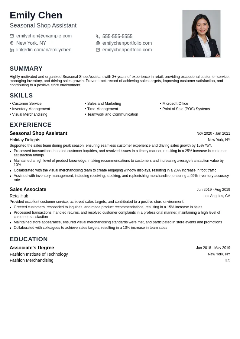 Seasonal Shop Assistant resume example
