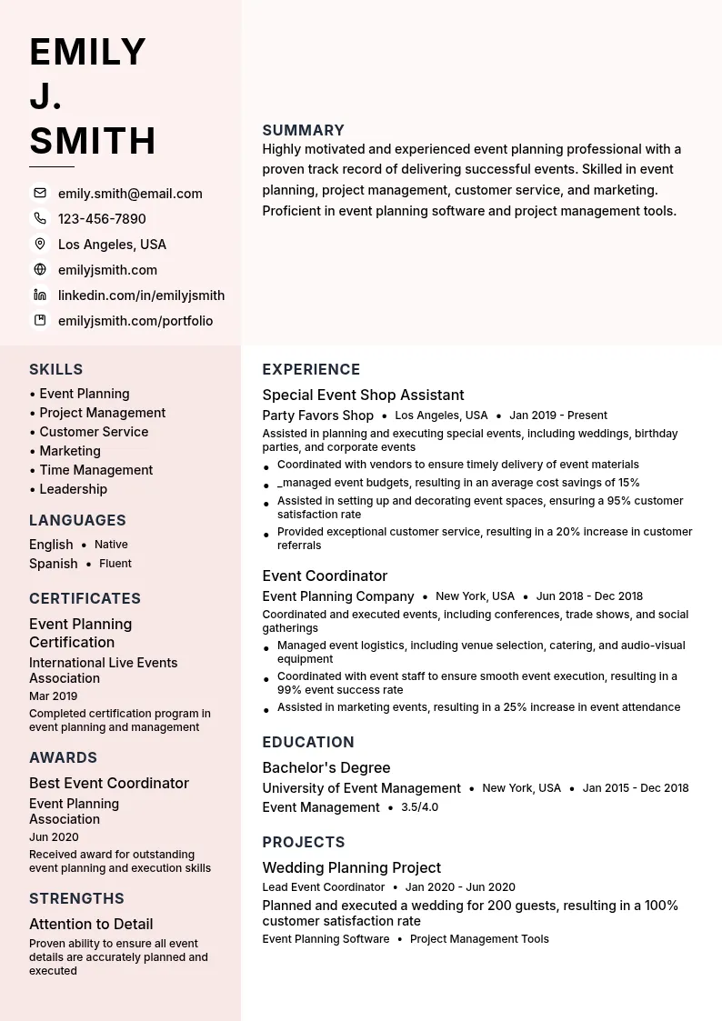 Special Event Shop Assistant resume example