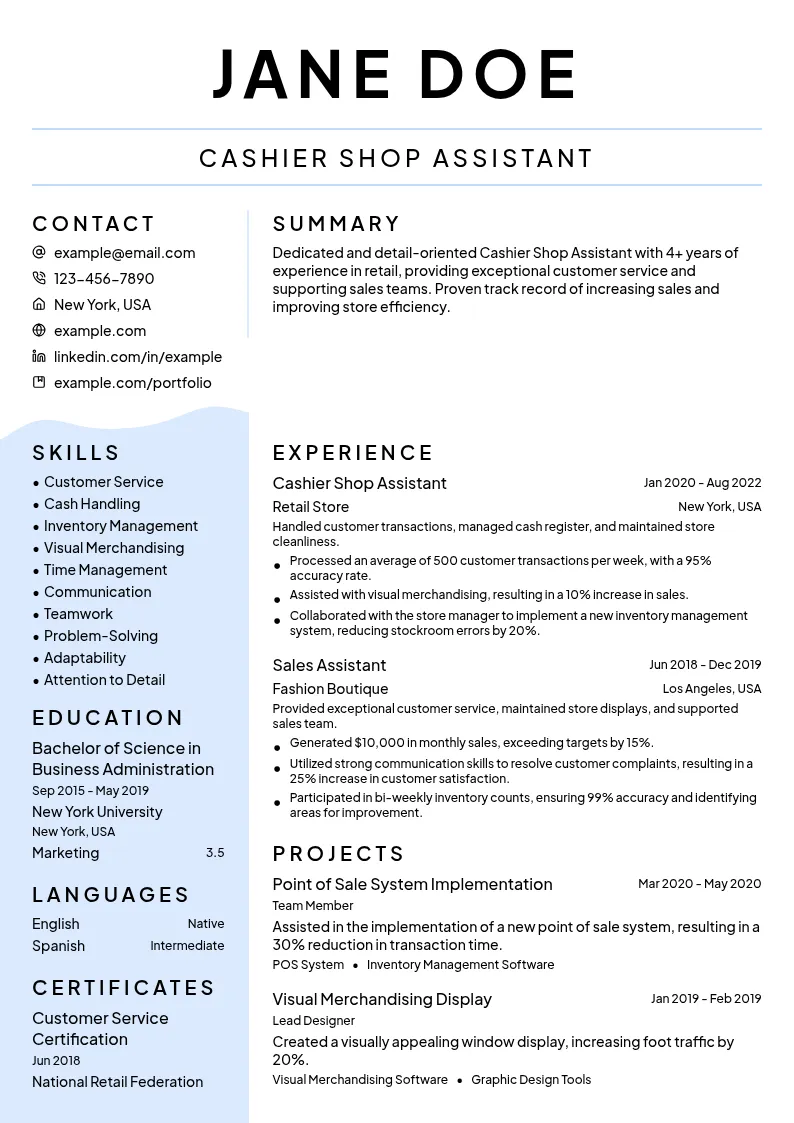 Cashier Shop Assistant resume example