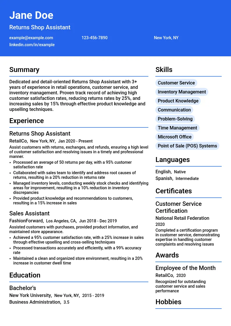 Returns Shop Assistant resume example