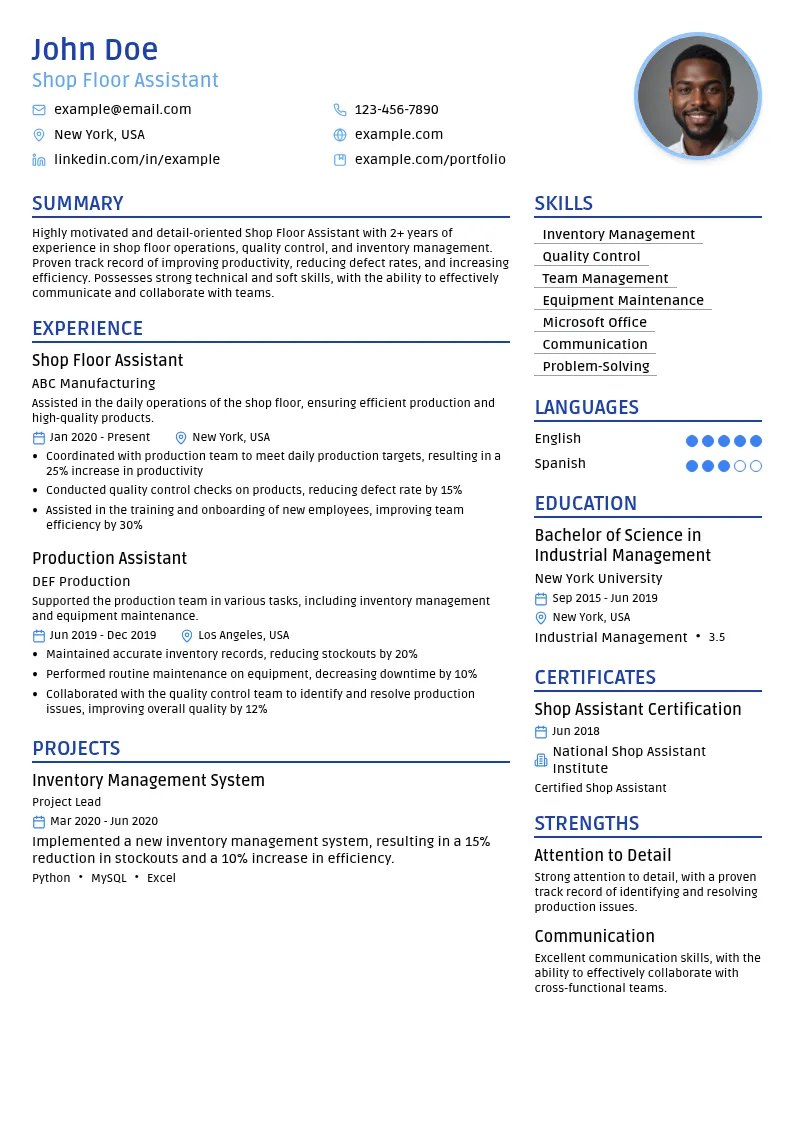 Shop Floor Assistant resume example