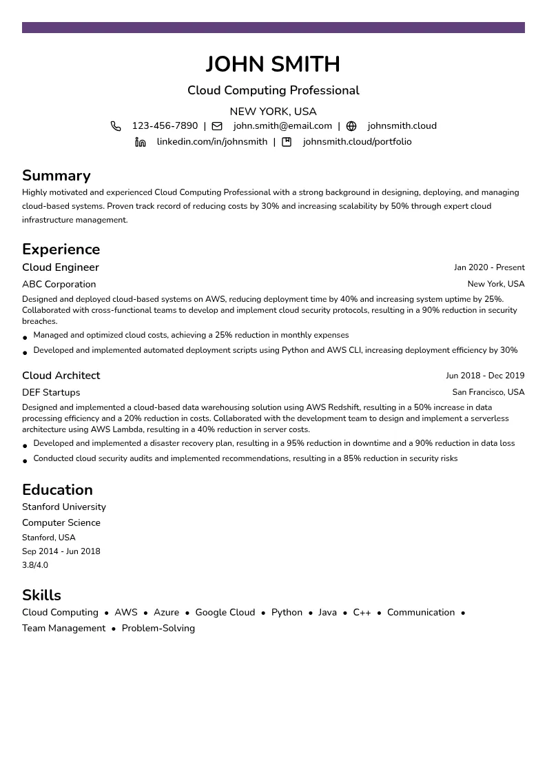 Cloud Computing Professional resume example
