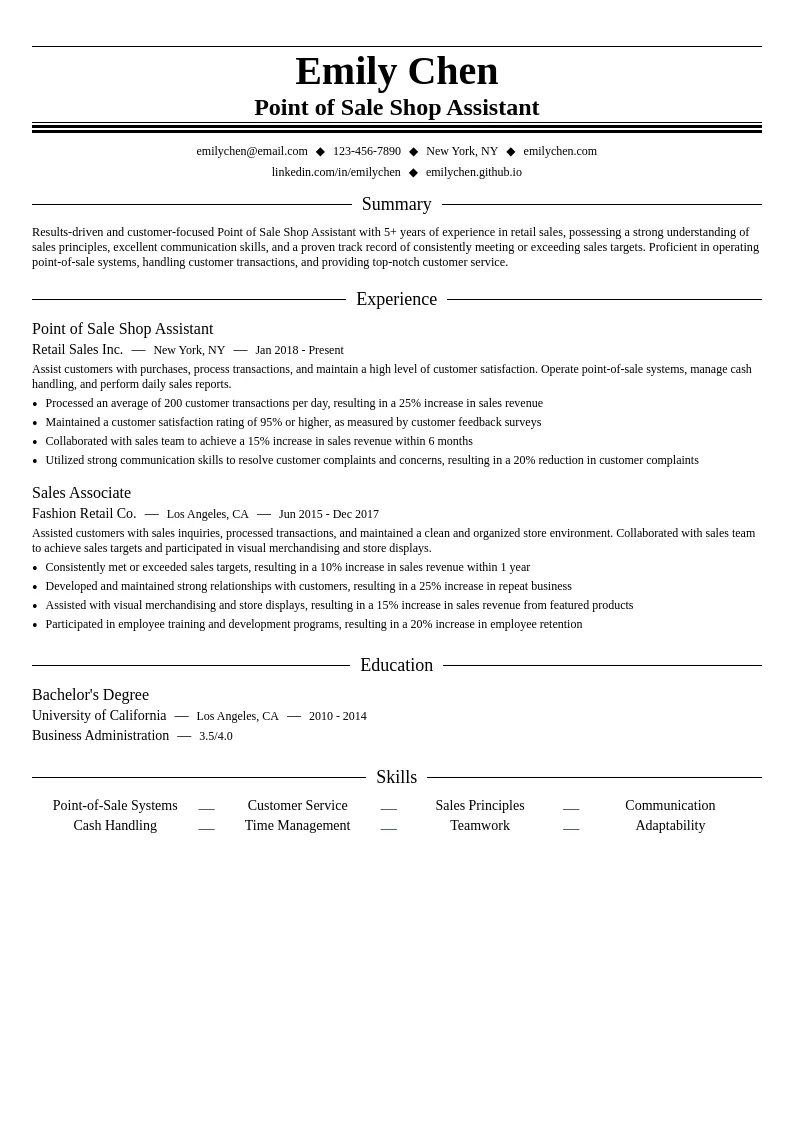 Point of Sale Shop Assistant resume example