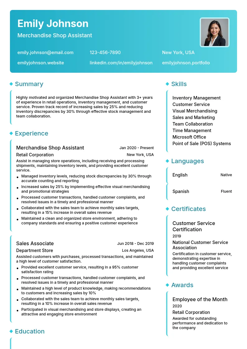 Merchandise Shop Assistant resume example