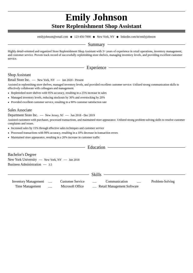 Store Replenishment Shop Assistant resume example
