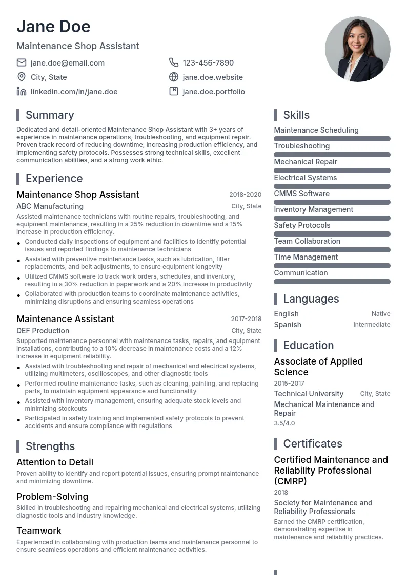 Maintenance Shop Assistant resume example