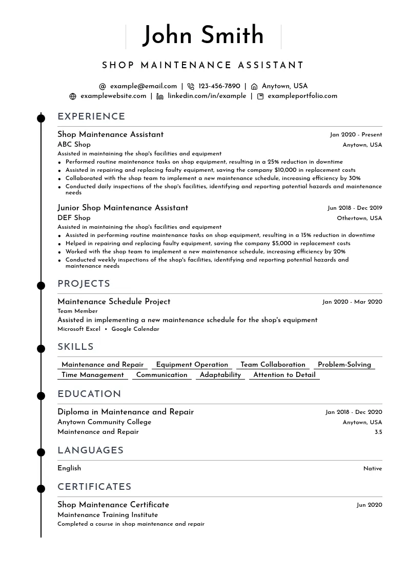 Shop Maintenance Assistant resume example