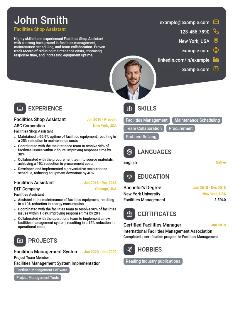 Facilities Shop Assistant resume example