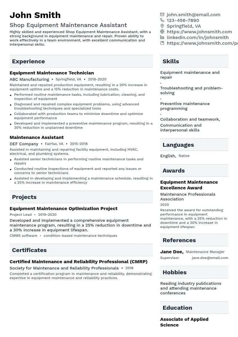 Shop Equipment Maintenance Assistant resume example