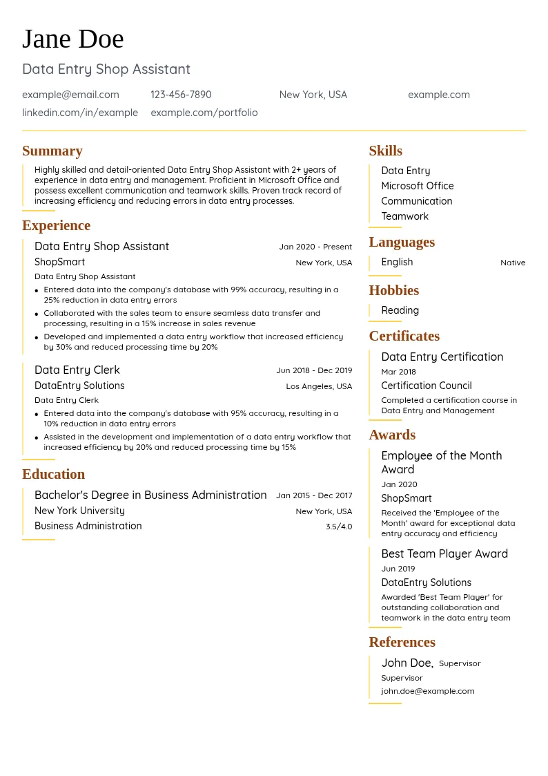 Data Entry Shop Assistant resume example