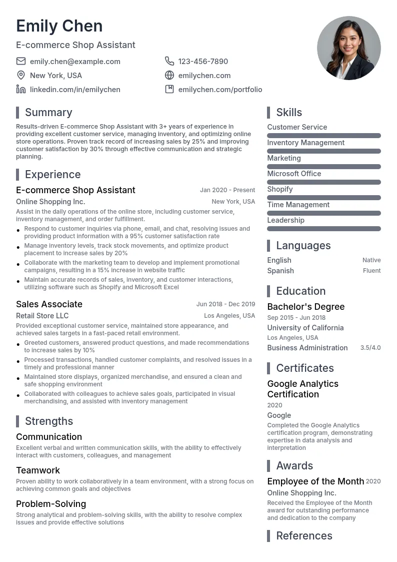 E-commerce Shop Assistant resume example