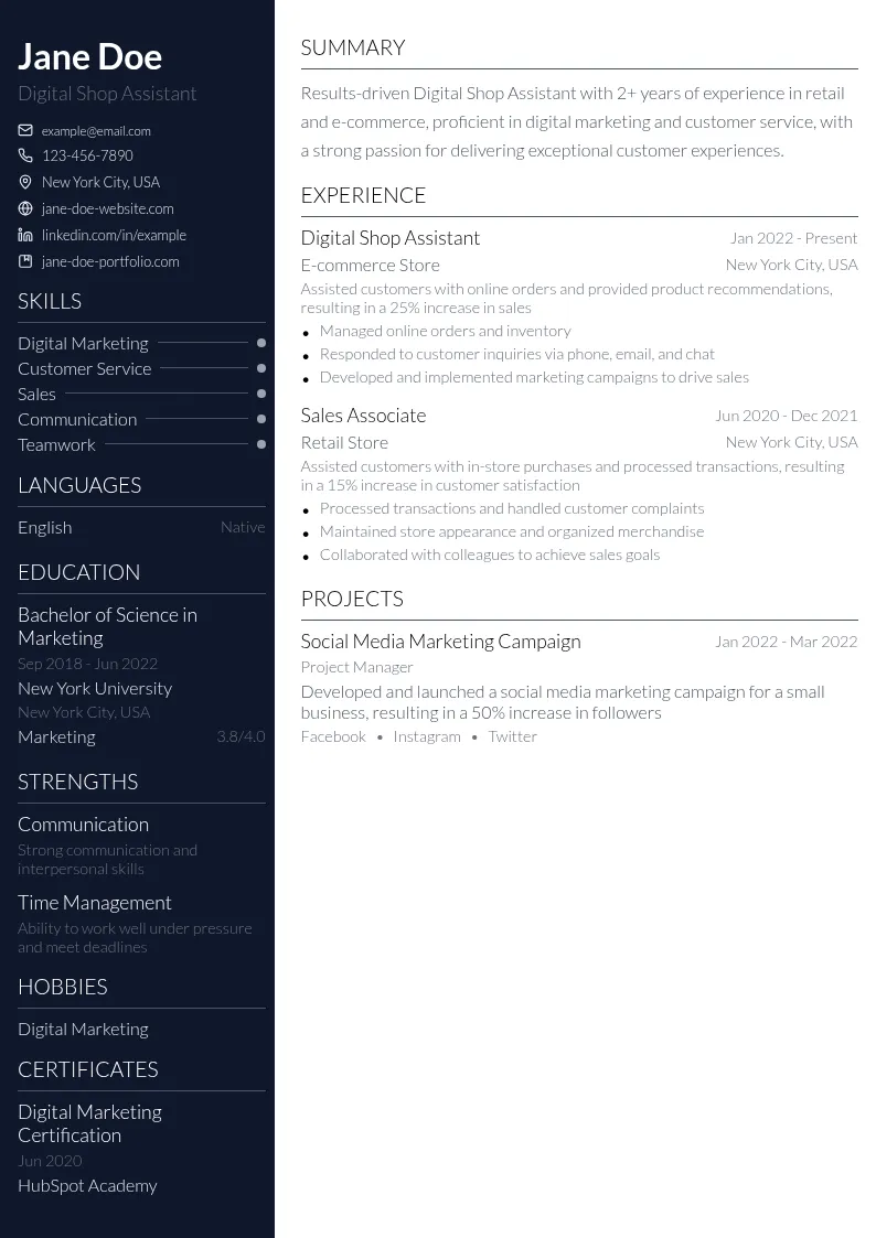 Digital Shop Assistant resume example