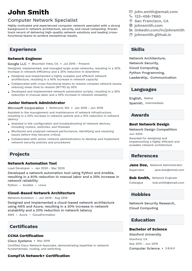 Computer Network Specialist resume example