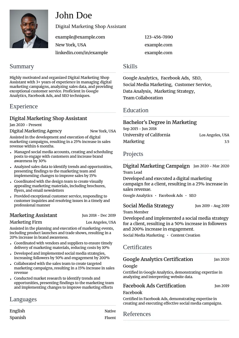 Digital Marketing Shop Assistant resume example
