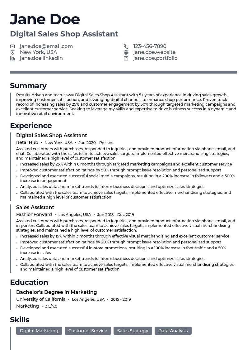 Digital Sales Shop Assistant resume example