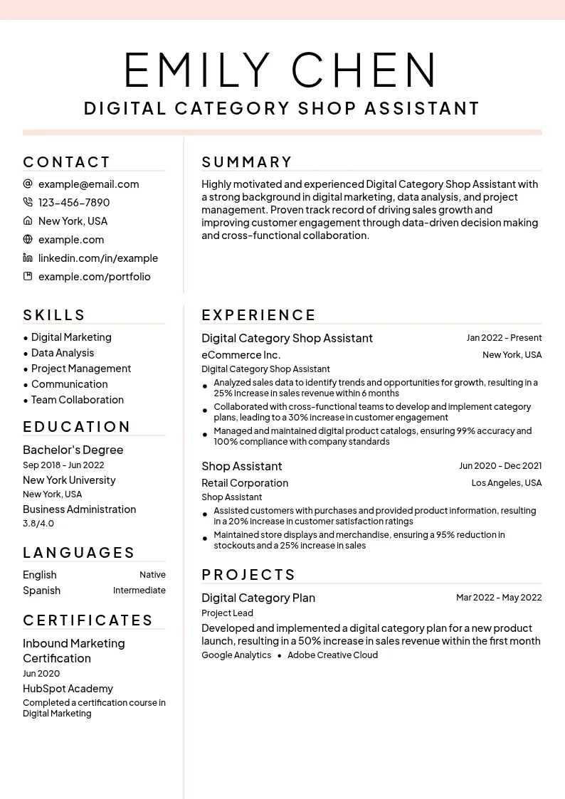 Digital Category Shop Assistant resume example