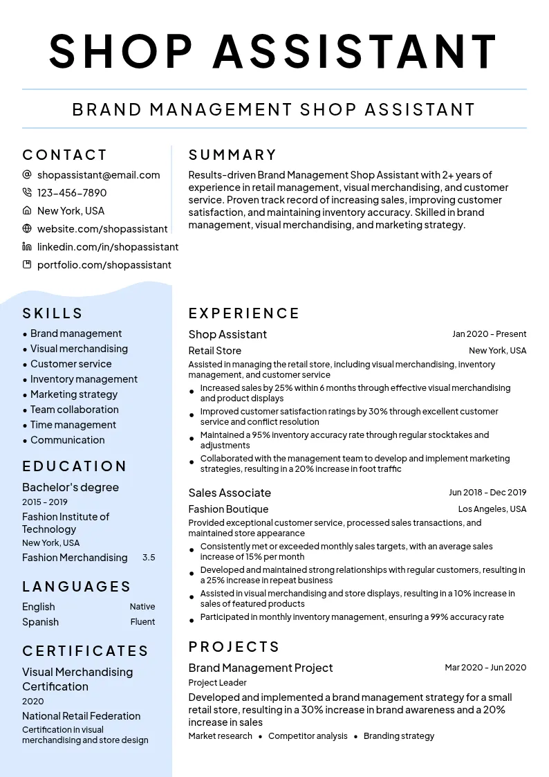 Brand Management Shop Assistant resume example