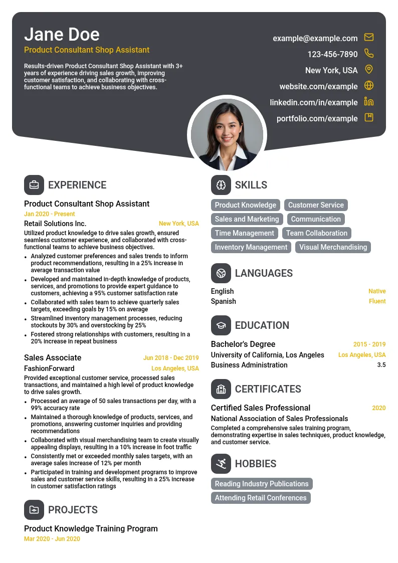 Product Consultant Shop Assistant resume example
