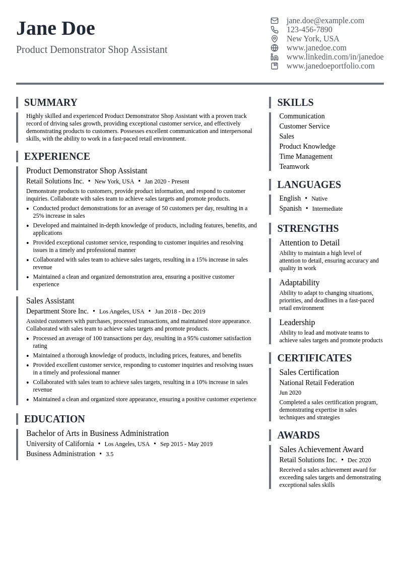 Product Demonstrator Shop Assistant resume example