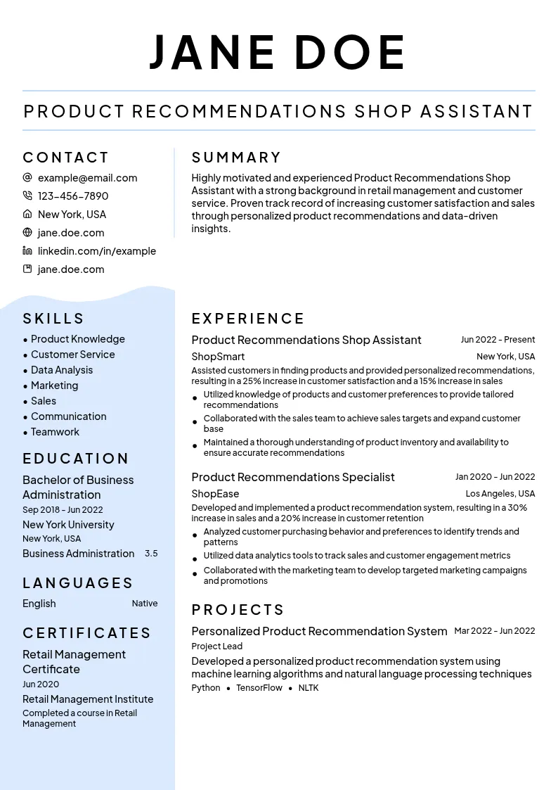Product Recommendations Shop Assistant resume example
