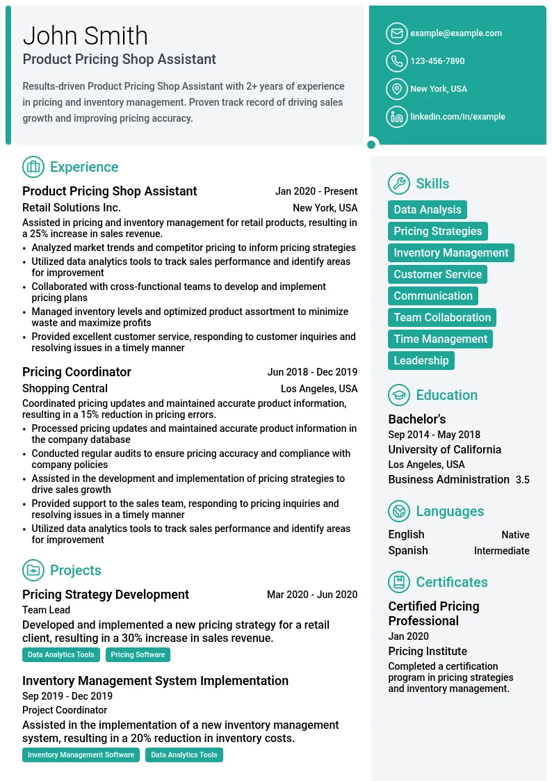 Product Pricing Shop Assistant resume example