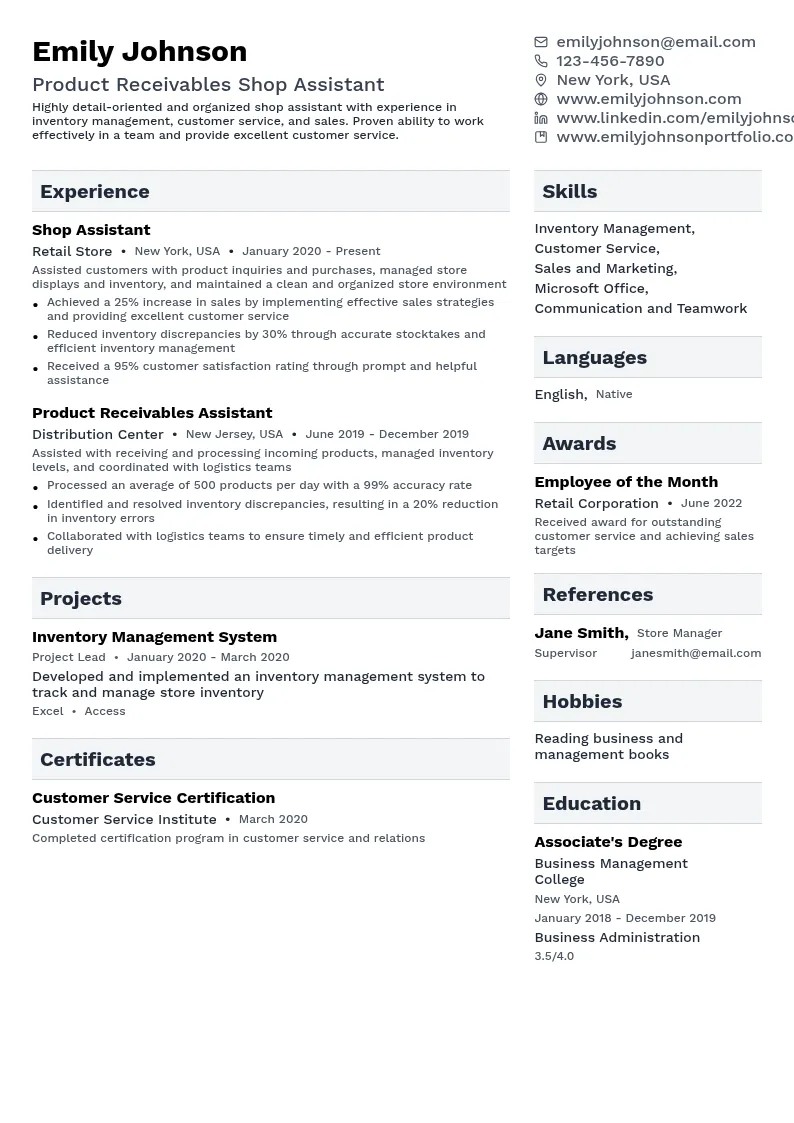 Product Receivables Shop Assistant resume example