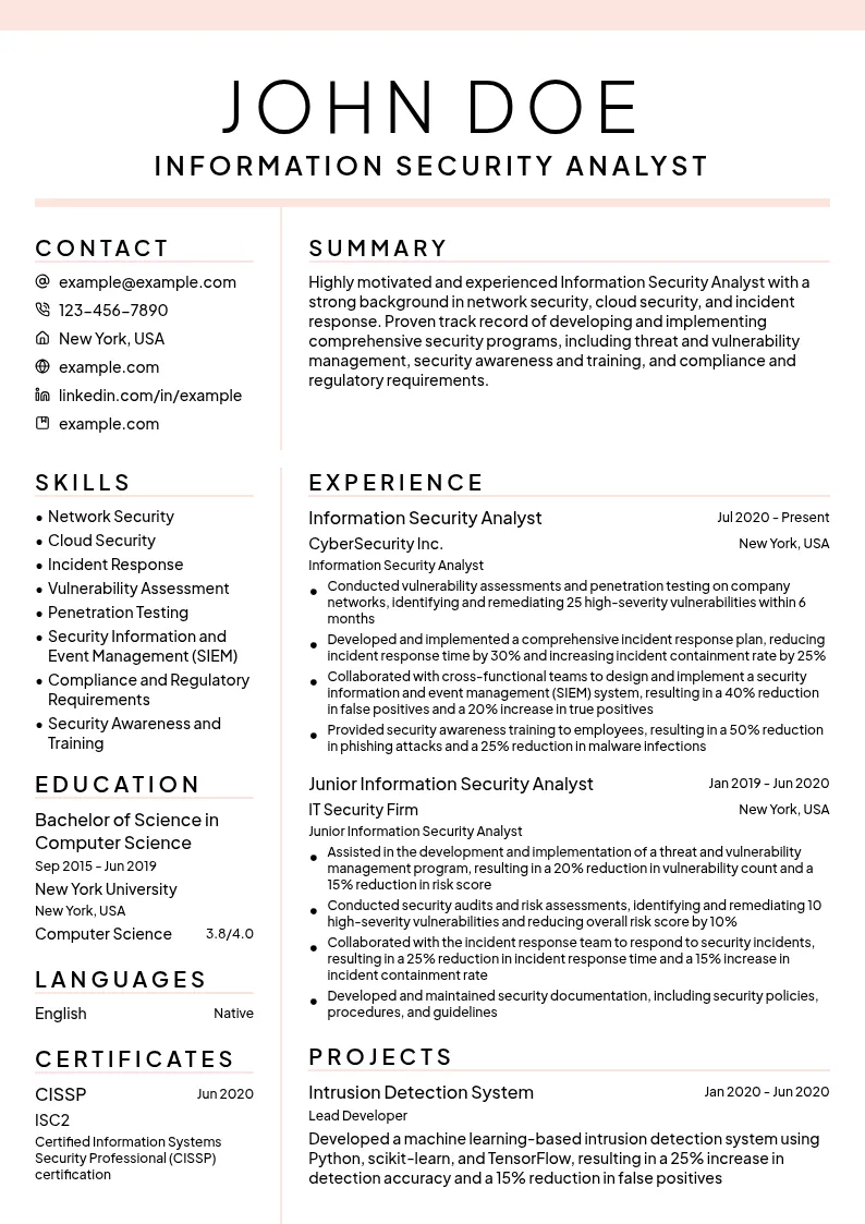 Information Security Analyst resume example