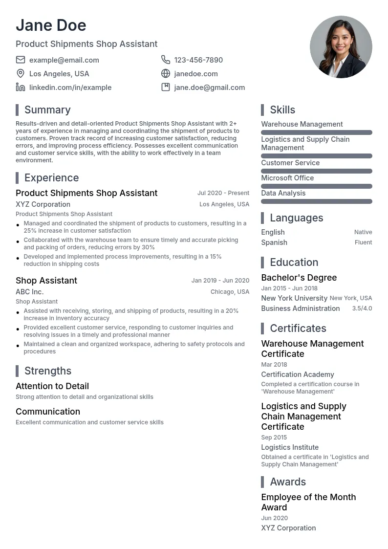 Product Shipments Shop Assistant resume example