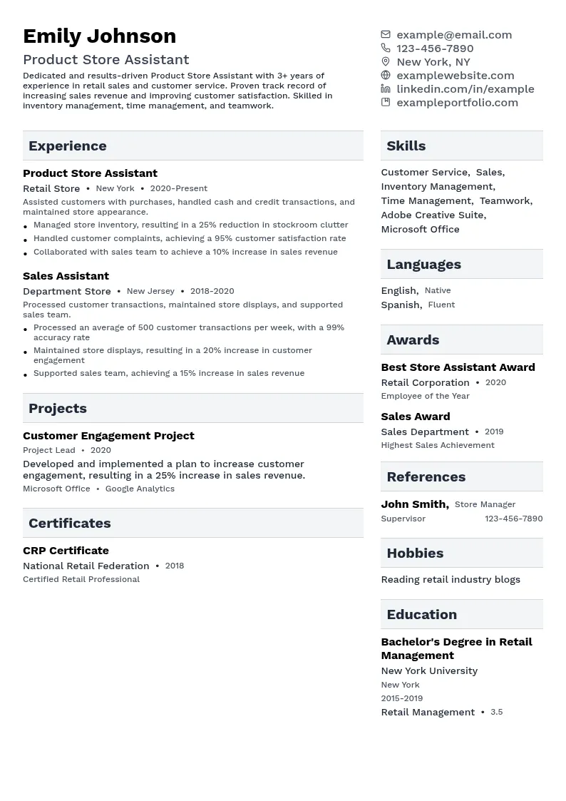 Product Store Assistant resume example