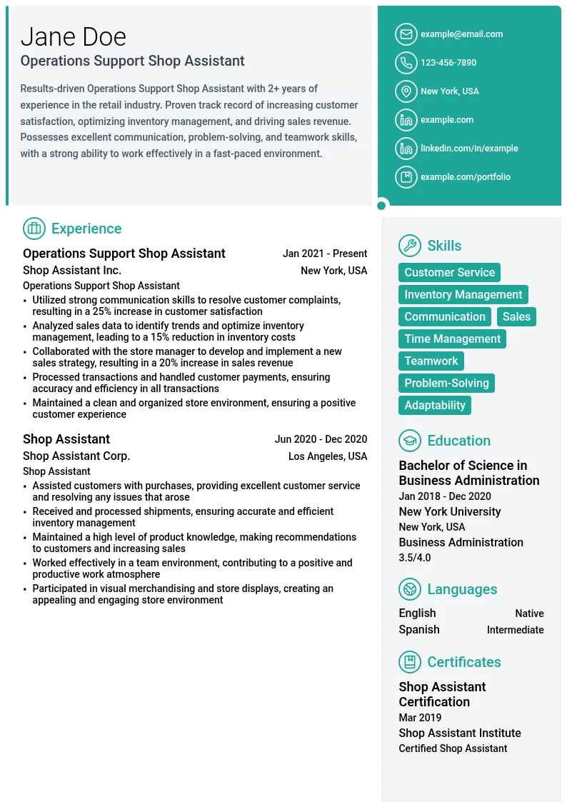 Operations Support Shop Assistant resume example