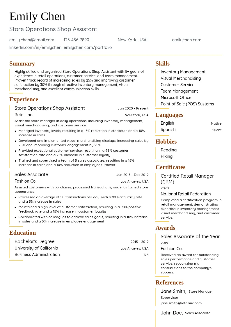 Store Operations Shop Assistant resume example