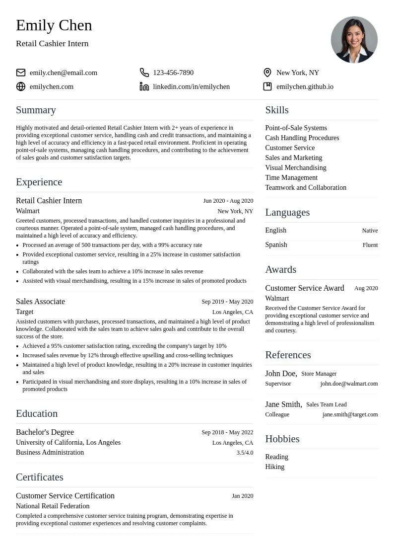 Retail Cashier Intern resume example