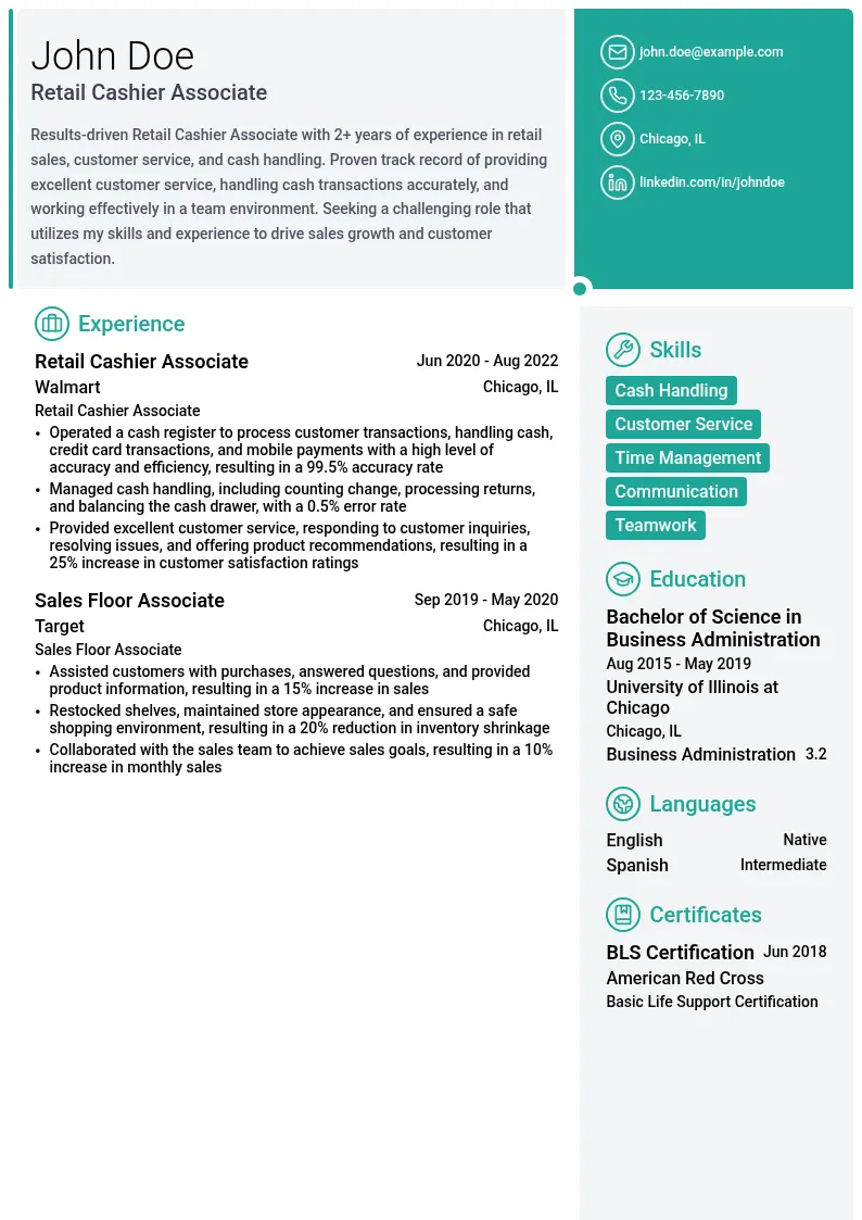 Retail Cashier Associate resume example