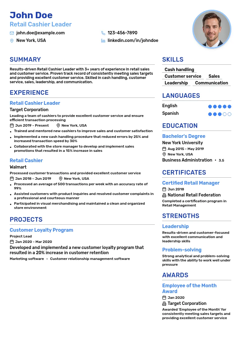 Retail Cashier Leader resume example