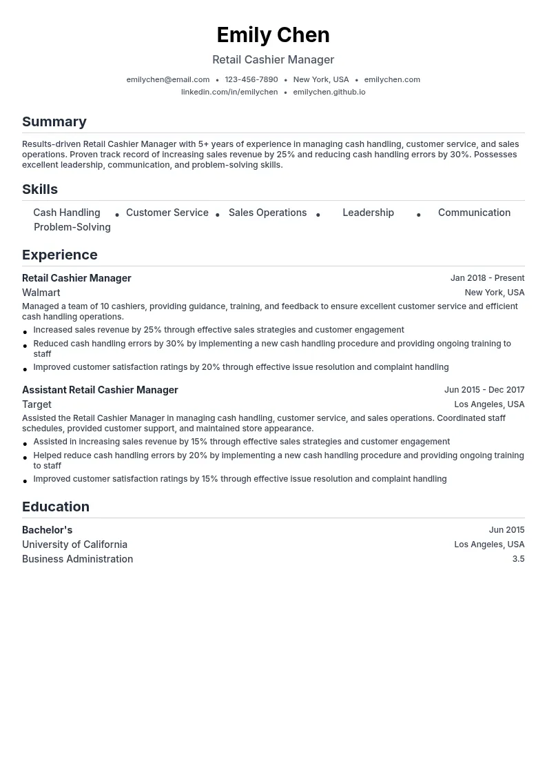 Retail Cashier Manager resume example