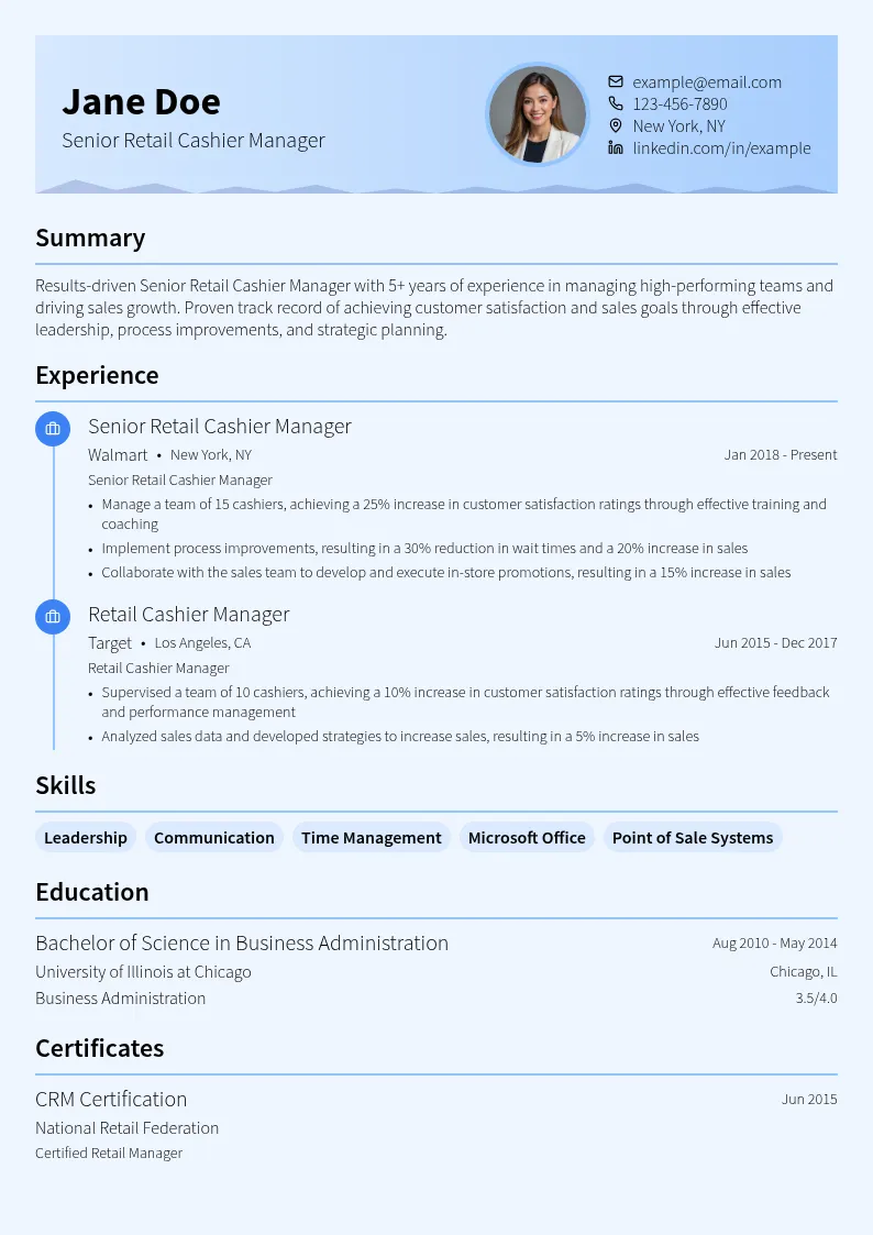 Senior Retail Cashier Manager resume example