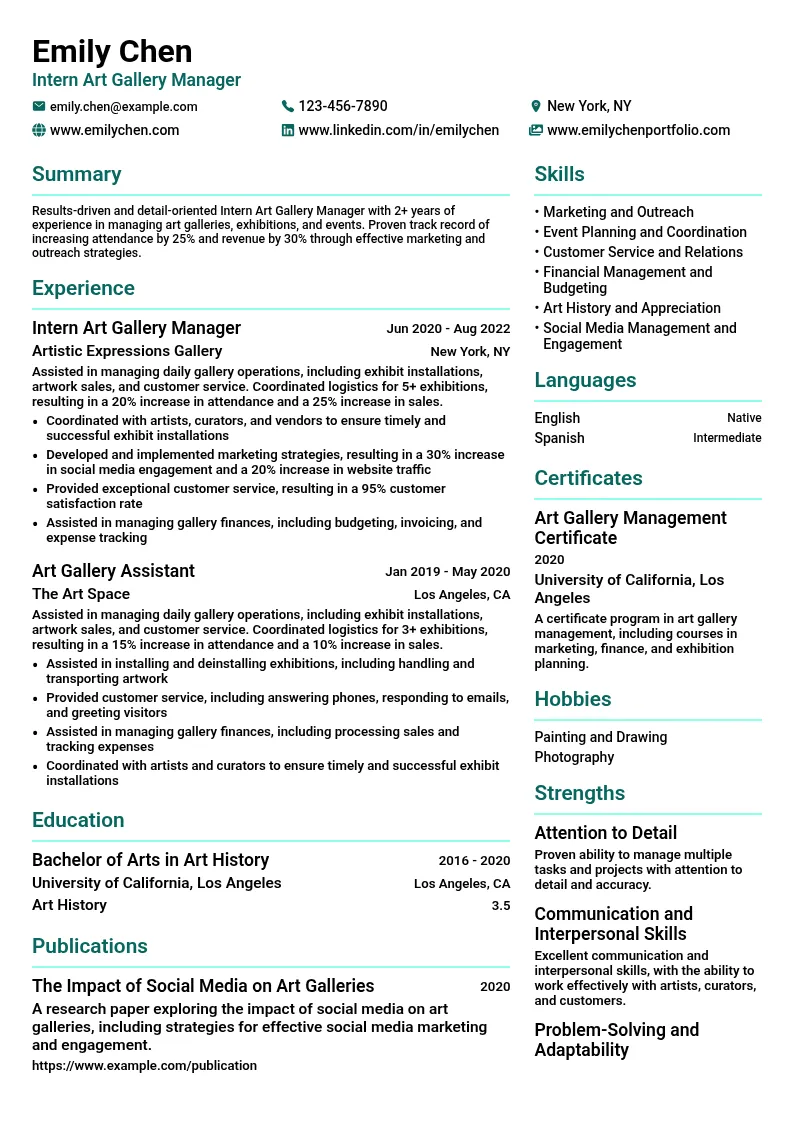 Intern Art Gallery Manager resume example