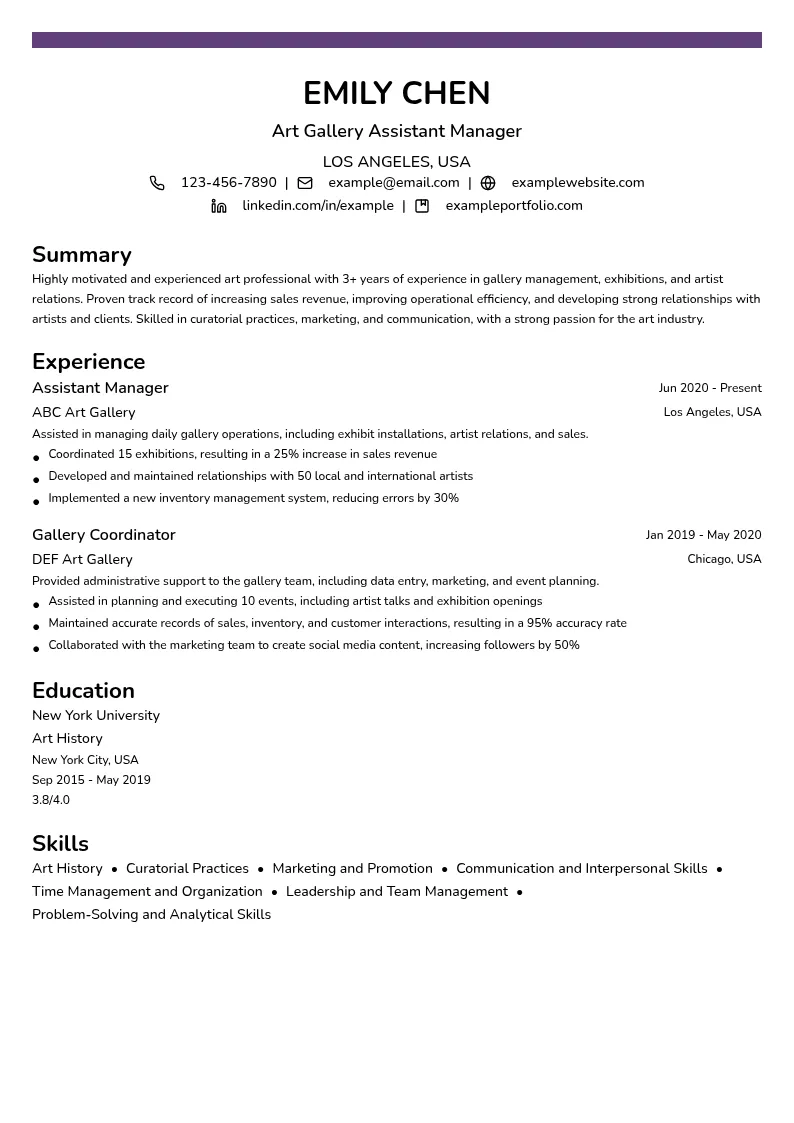 Art Gallery Assistant Manager resume example