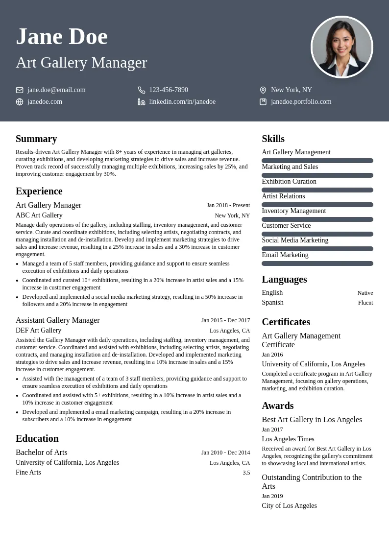 Art Gallery Manager resume example